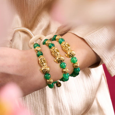Pixiu Feng Shui Armband | Element ERDE | Grüner Achat x 18 Karat Gold